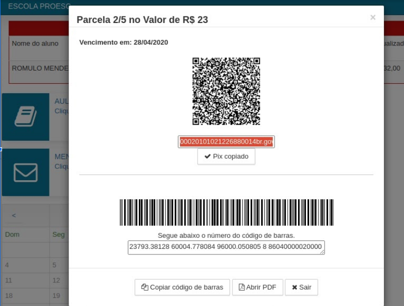 Código Pix copia e cola disponível no boleto