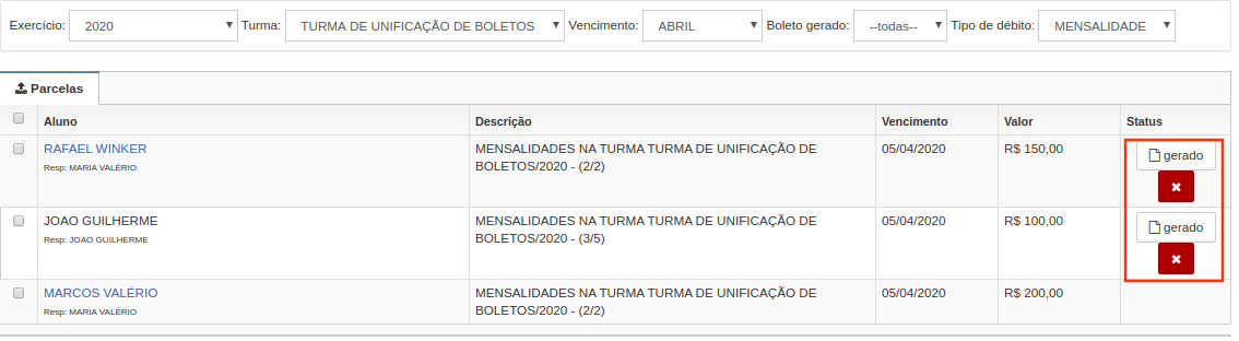 Tela atualizada mostrando os boletos gerados