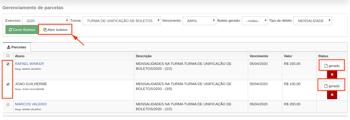 PDF gerado com os carnês das parcelas selecionadas
