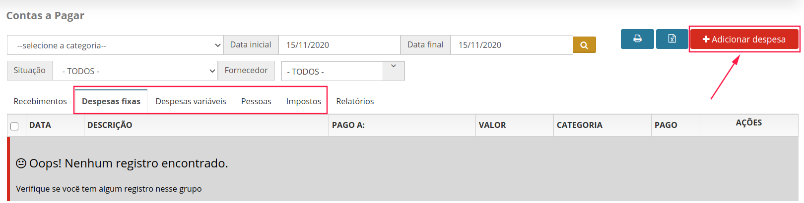 Botão para criar nova despesa