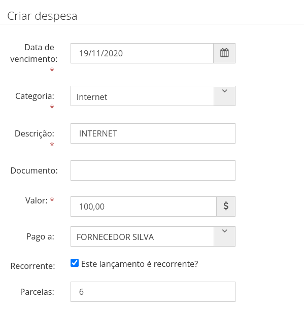 Definição da quantidade de parcelas