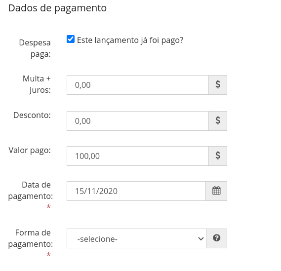 Informações de pagamento da despesa
