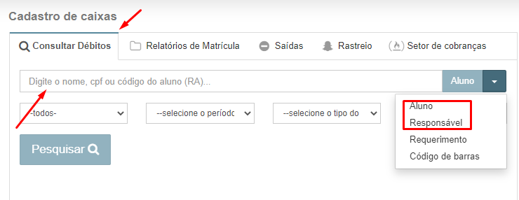 Pesquisa de débitos por aluno ou responsável financeiro
