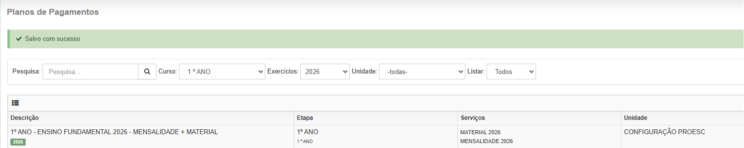 Tela do plano salvo com confirmação