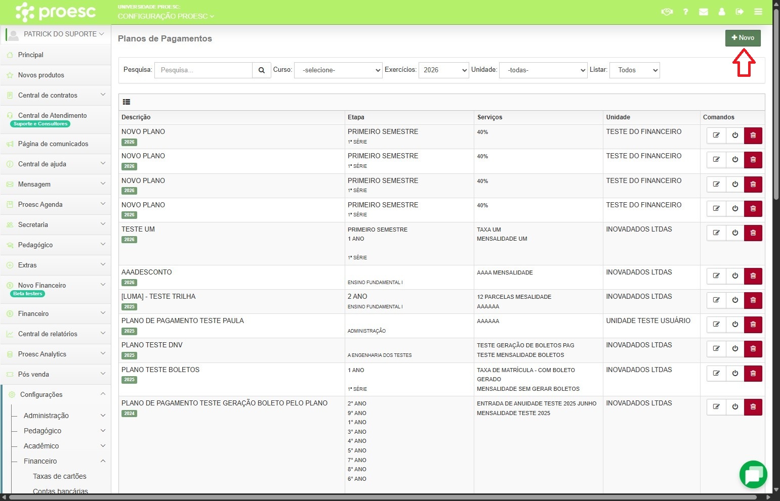 Botão Novo na lista de planos de pagamento