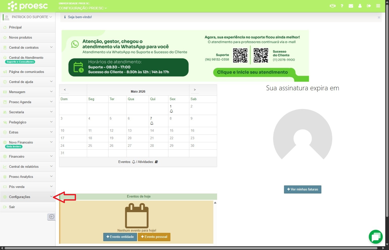 Menu Configurações com opção Financeiro