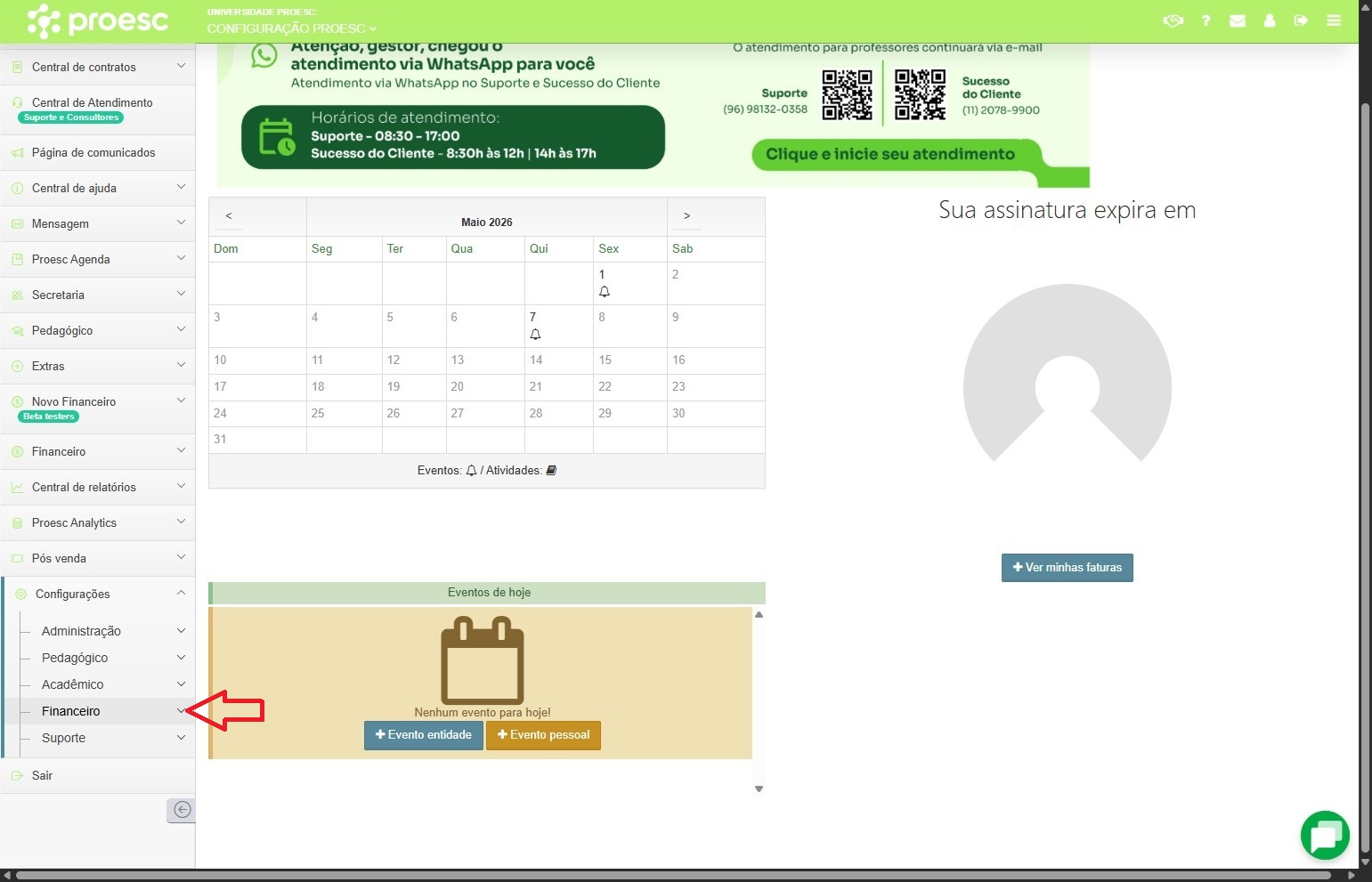 Submenu Financeiro com opção Planos de Pagamento