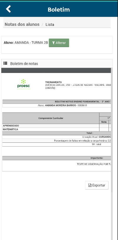 Boletim com notas exibidas no aplicativo Proesc Aluno