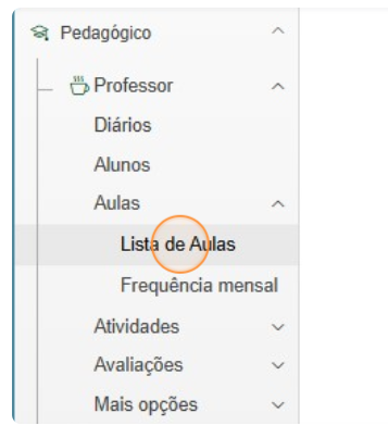 Menu de navegação até Lista de Aulas