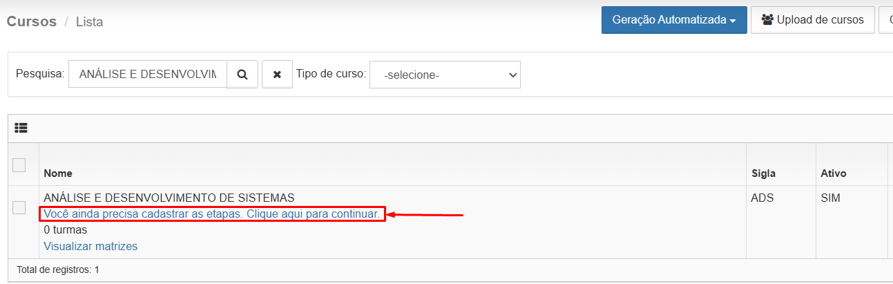 Curso salvo na listagem com aviso para cadastrar etapas