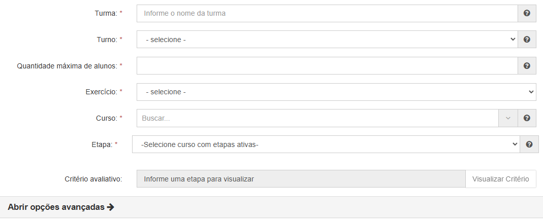 Formulário de criação de turma com campos obrigatórios