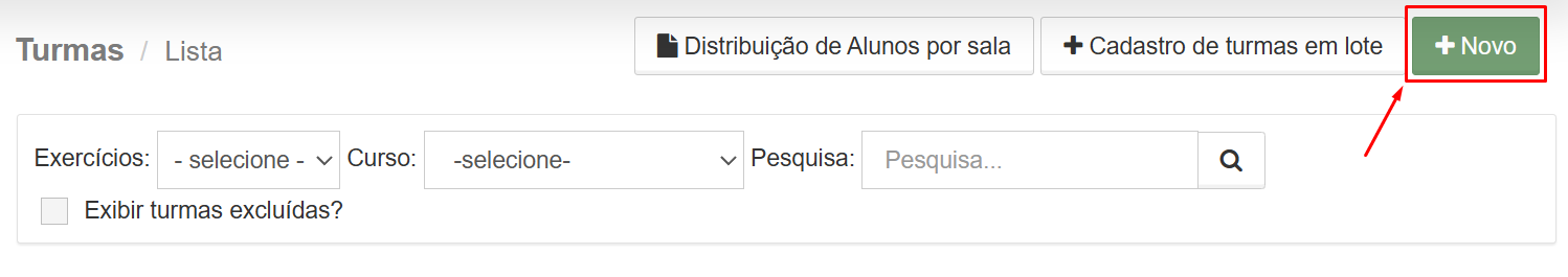 Lista de turmas com botão Novo destacado