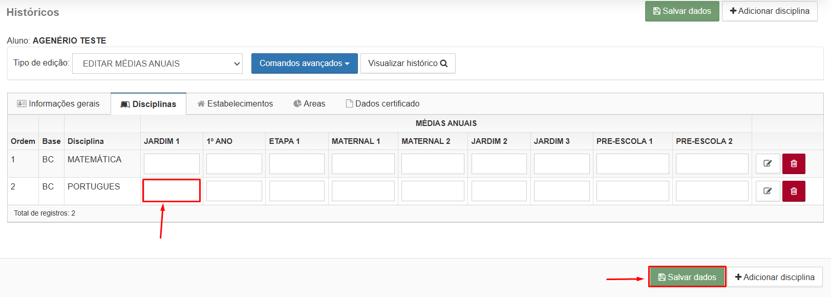 Campo de nota editável com botão Salvar dados