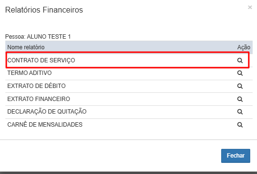 Opção Contrato de Serviço no menu de relatórios