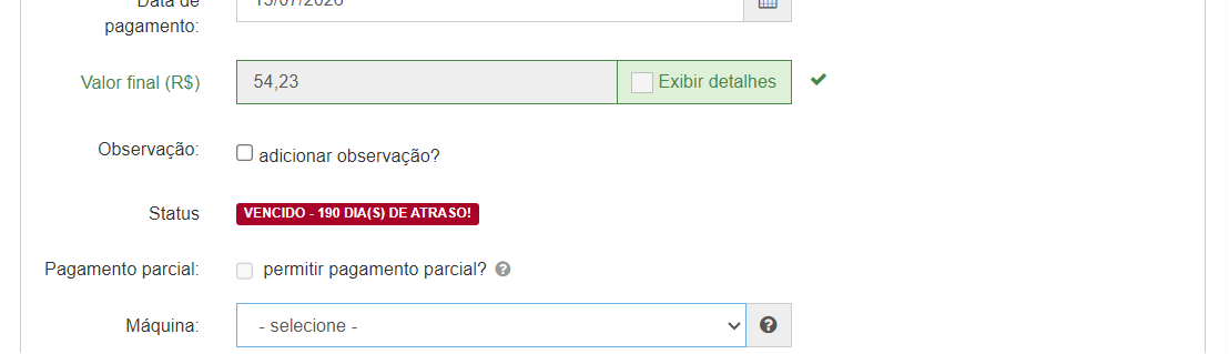 Seleção da forma de pagamento Máquina de Cartão