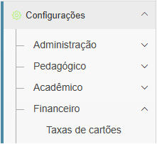 Tela de cadastro das taxas de cartões