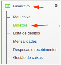 Menu lateral Financeiro com o submenu Boletos