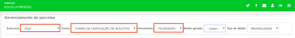 Tela de filtros para geração de boletos: Exercício, Turma, Vencimento, Boleto Gerado e Tipo de Débito