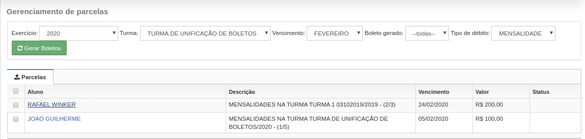 Lista de alunos enturmados com as parcelas elegíveis para geração de boleto