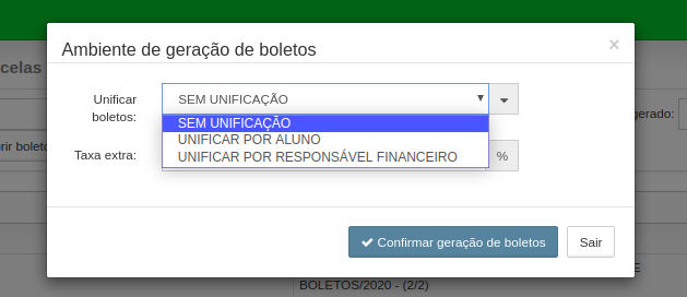 Janela com as opções de geração de boleto