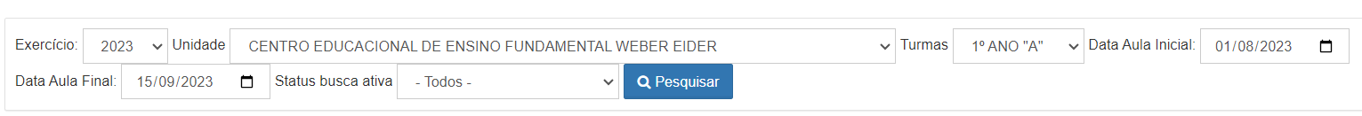 Tela de filtros da Busca Ativa - Infrequência com campos de Exercício, Unidade, Turma, Status e datas