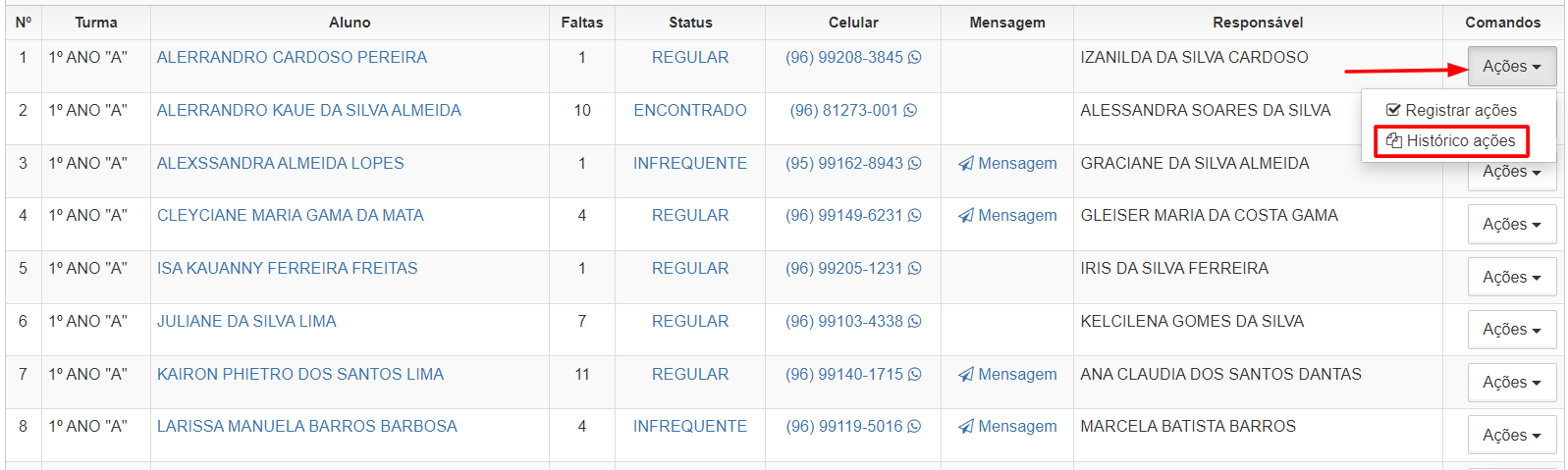 Lista de alunos com cadastro ativo de Infrequência e menu de Ações com opção Histórico ações