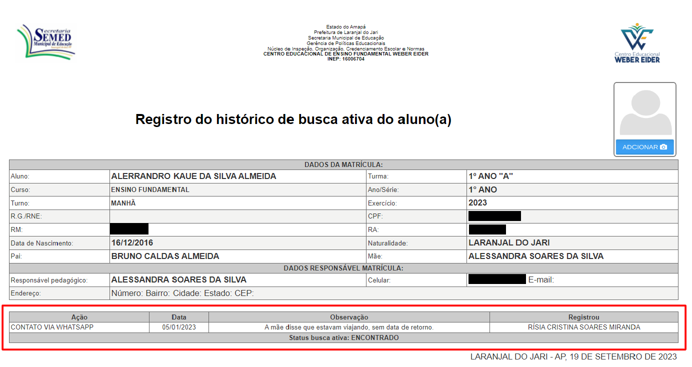 Relatório de Registro de Histórico com dados do aluno, do responsável e dos contatos realizados