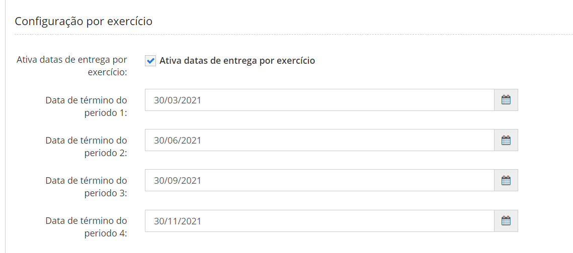 Configuração de datas de entrega por exercício