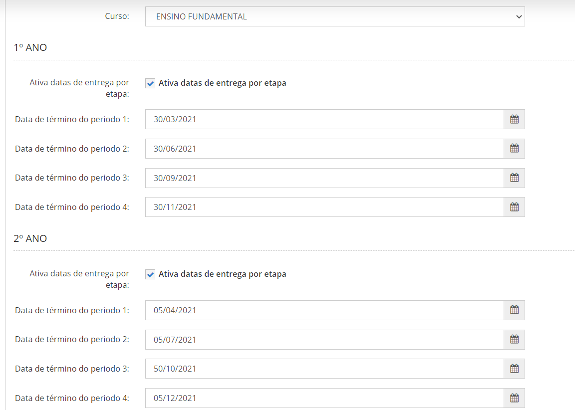Configuração de datas de entrega por etapa