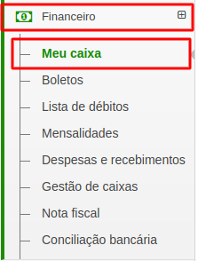 Menu Financeiro com submenu Meu Caixa