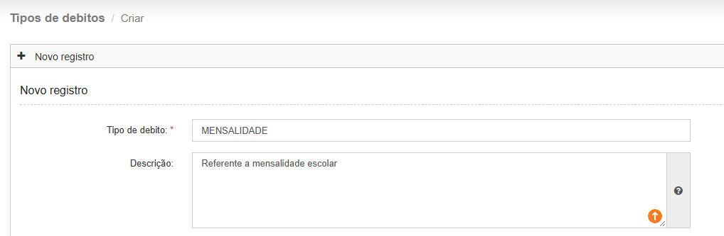 Campos Tipo de débito e Descrição