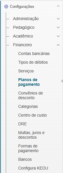 Menu Configurações, Financeiro, Tipos de débitos