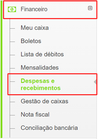 Menu Despesas e Recebimentos