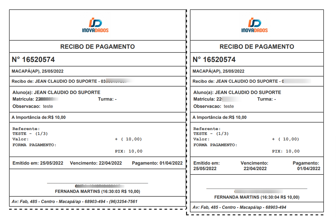 Exemplo de comprovante de pagamento