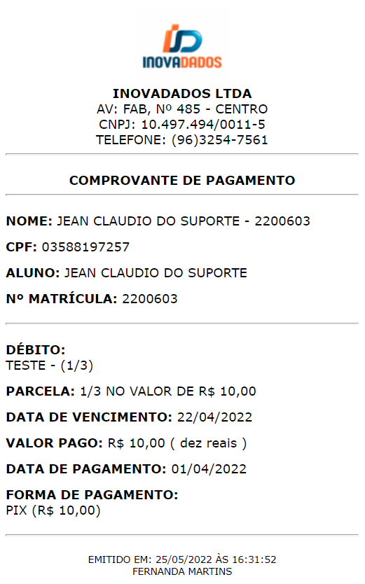 Exemplo de recibo de pagamento