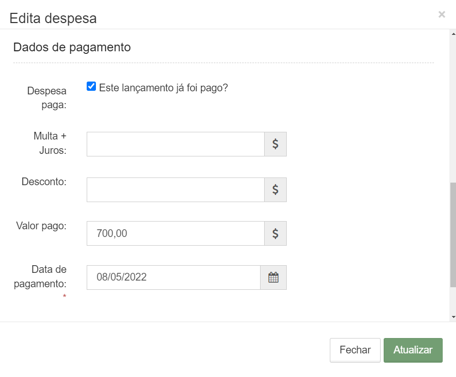 Formulário com os campos de data e forma de pagamento preenchidos