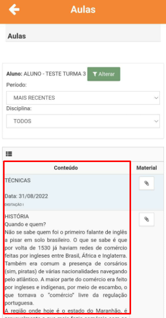 Coluna de conteúdos da aula no Proesc Aluno