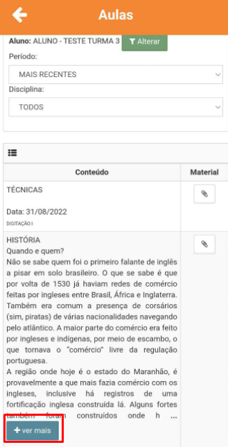 Botão + Ver mais no conteúdo da aula