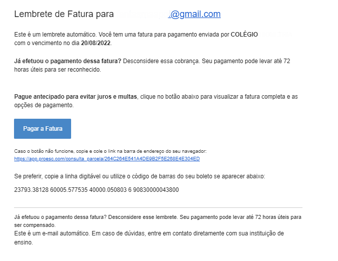Exemplo de e-mail de lembrete financeiro enviado ao responsável